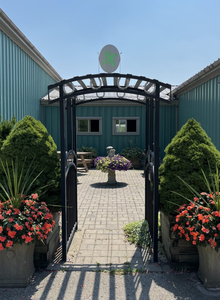 An archway with green bushes and pink flowers on each side, leading into a small paved courtyard with a bird fountain in the middle